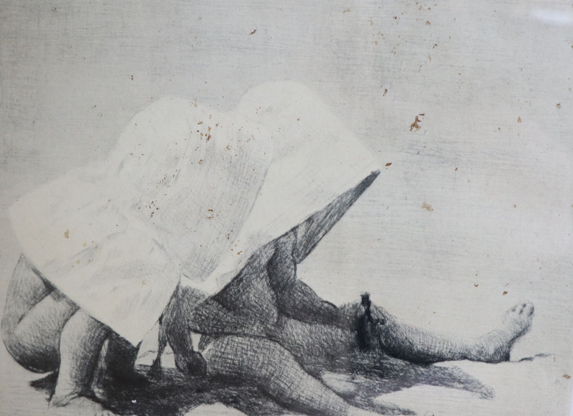 Seven monochrome reproduction prints of etchings after Menpes and two satirical prints,